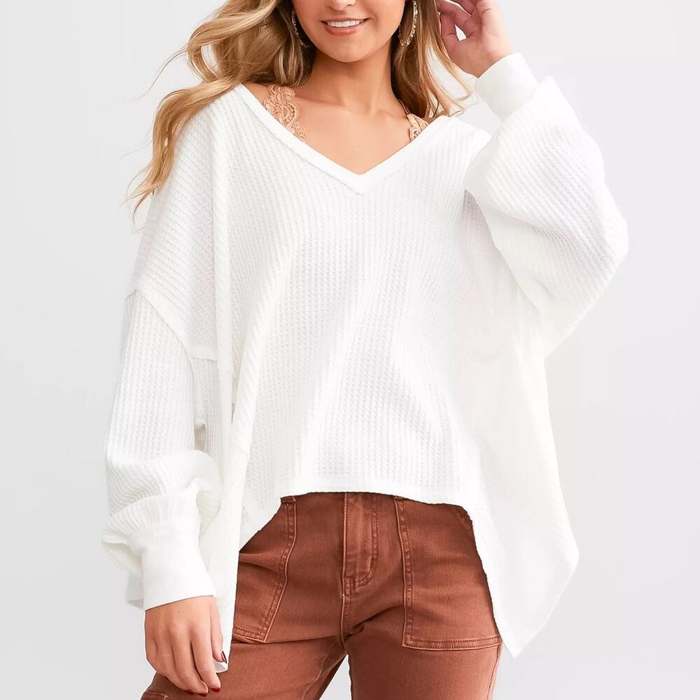 Free People We The Free White Oversized V Neck Textured Waffle Caroline Thermal